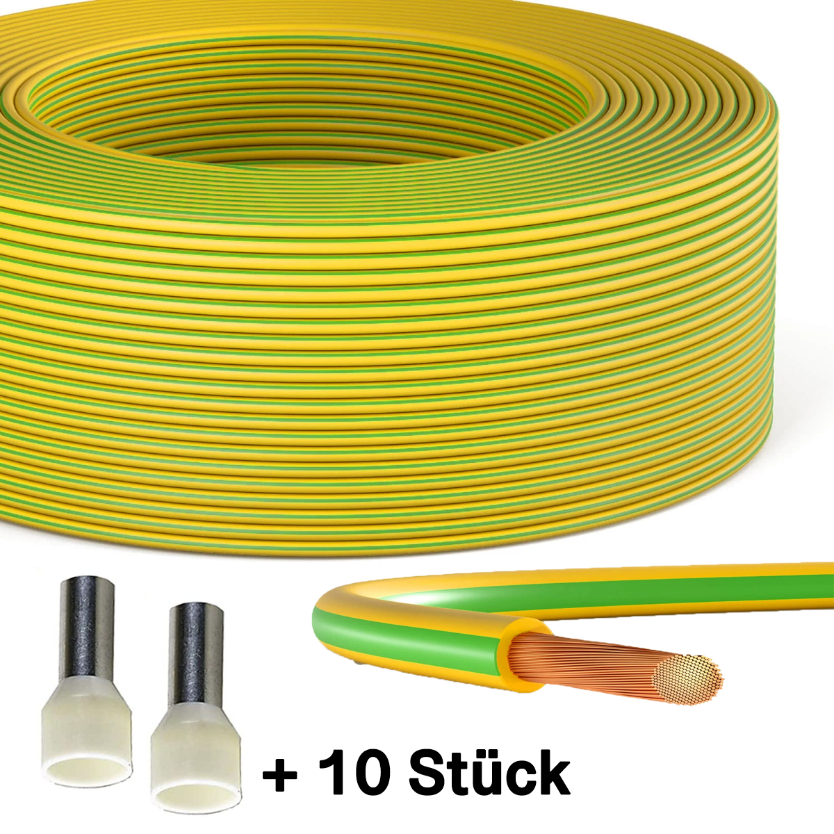 100m Erdungskabel 10mm2 H07V-K PVC grün-gelb flexible Aderleitung für PV-Anlagen inkl. 10 Aderendhülsen (10mm²x12mm)