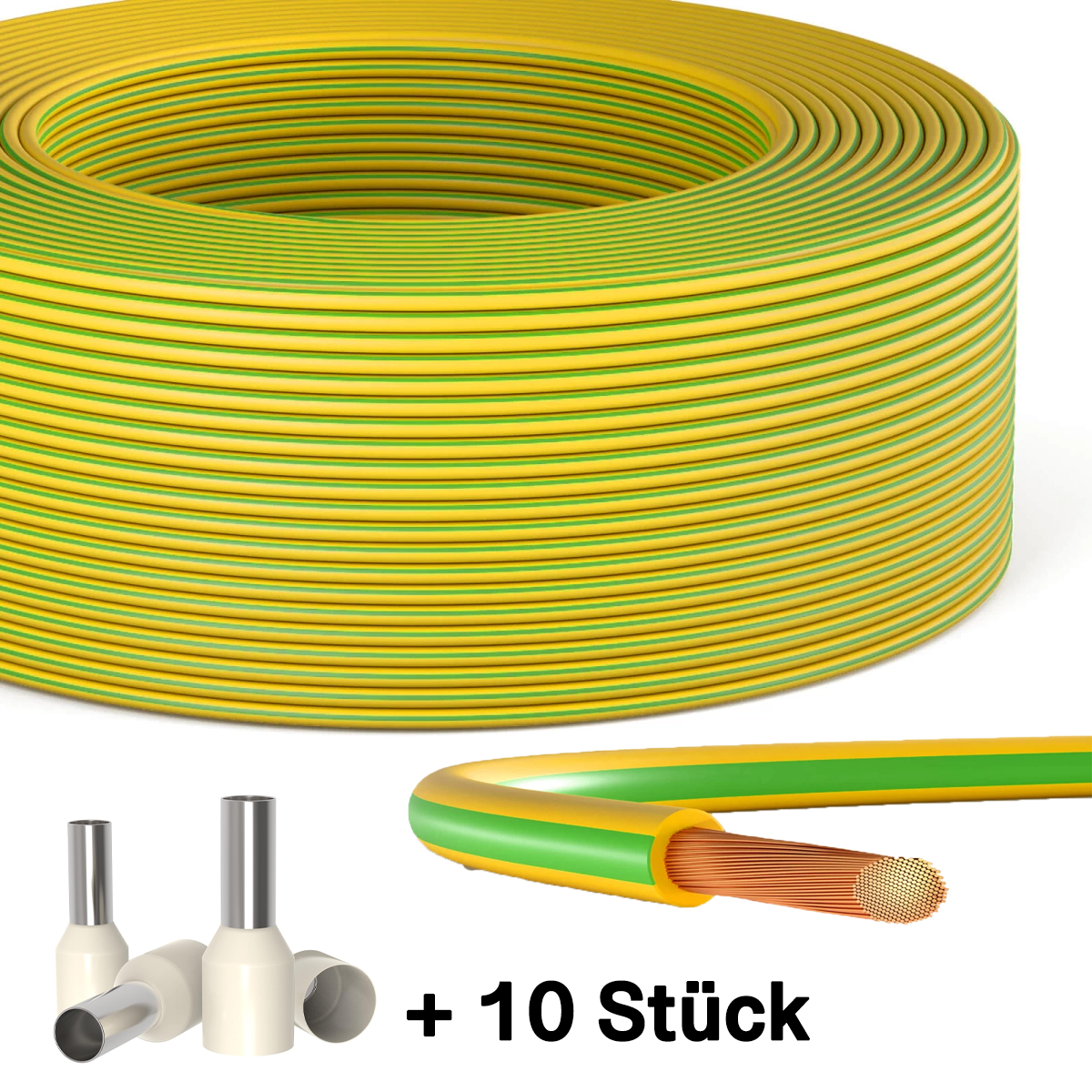 50m Erdungskabel 10mm2 H07V-K PVC grün-gelb flexible Aderleitung für PV-Anlagen inkl. 10 Aderendhülsen (10mm²x18mm)