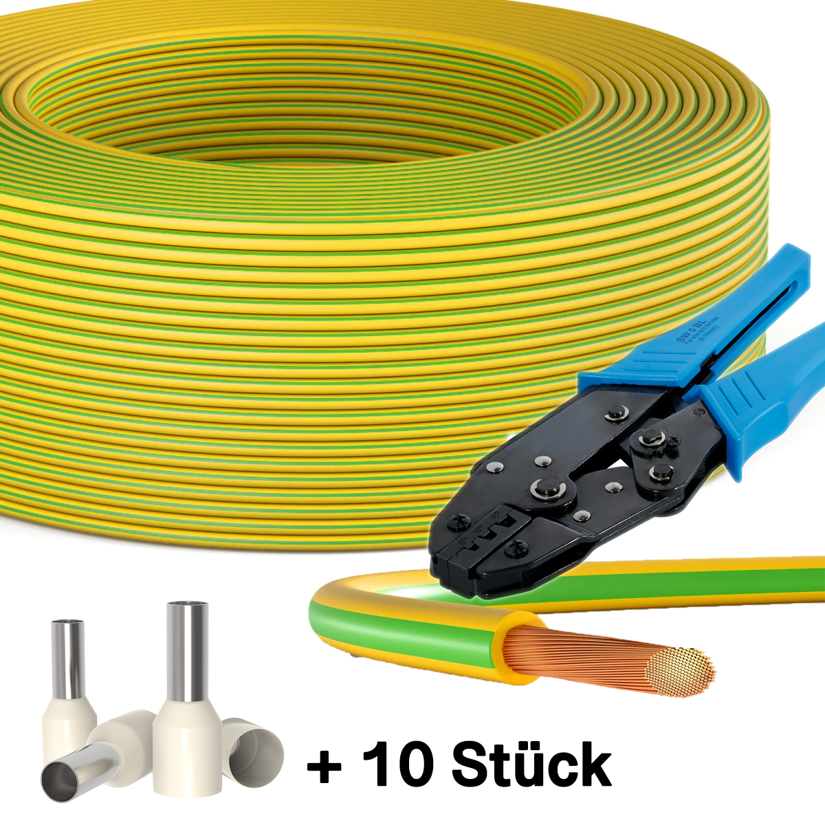 30m Erdungskabel 10mm2 H07V-K PVC grün-gelb Crimpzange inkl. 10 Aderendhülsen (10mm²x18mm)