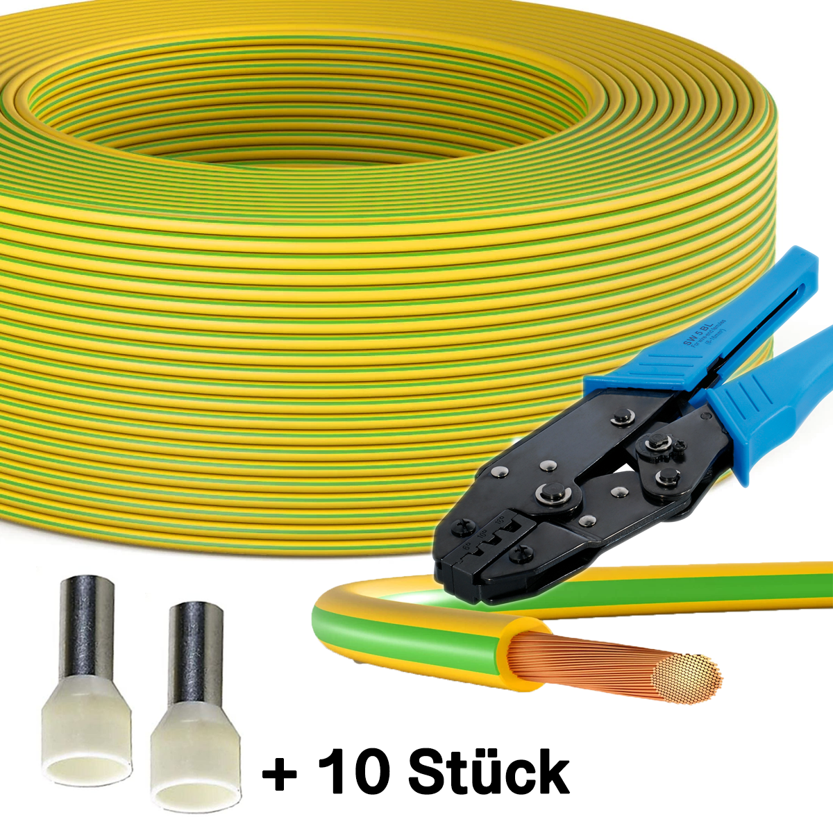 50m Erdungskabel 10mm2 H07V-K PVC grün-gelb Crimpzange inkl. 10 Aderendhülsen (10mm²x12mm)