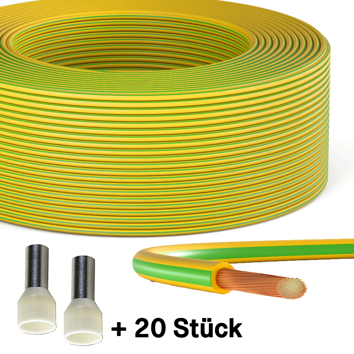 30m Erdungskabel 10mm2 H07V-K PVC grün-gelb flexible Aderleitung für PV-Anlagen inkl. 20 Aderendhülsen (10mm²x12mm)