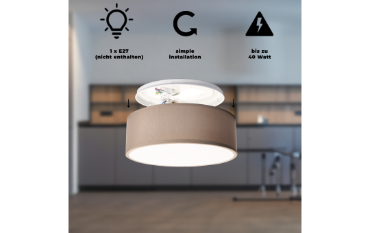 EINLICHT Deckenleuchte rund Ø 30cm | Fabric | moderne Deckenlampe Stoff für 1-Flammig E27 40W Lampenschirm Schlafzimmer Wohnzimmer Stoffschirm, Taupe Braun