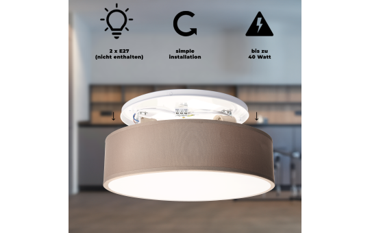 EINLICHT Deckenleuchte rund Ø 38cm | Fabric | moderne Deckenlampe Stoff für 2-Flammig E27 40W Lampenschirm Schlafzimmer Wohnzimmer Stoffschirm, Taupe Braun