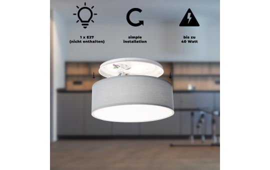 EINLICHT Deckenleuchte rund Ø 30cm | Fabric | moderne Deckenlampe Stoff für 1-Flammig E27 40W Lampenschirm Schlafzimmer Wohnzimmer Stoffschirm, Blaugrau