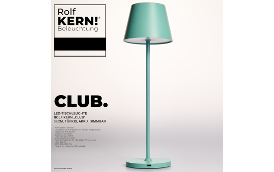 ROLF KERN – LED Tischlampe | CLUB 38cm | Aufladbarer Akku, Tischleuchte ohne Kabel, dimmbar per Touch, IP54 für Innen und Außen geeignet, 2700K Licht warmweiß, laden mit USB Ladekabel, türkis [Energieklasse G]