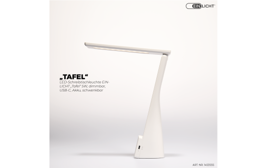 EINLICHT LED Schreibtischlampe | TAFEL | touch dimmbare Schreibtischleuchte kabellos 5W, Leselampe schwenkbar Nachttischlampe neutralweiß 4000K 26cm hoch, USB-C laden, weiß