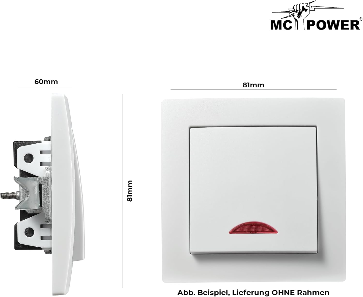 McPower Schalter | Flair | mit Orientierungsleuchte 250V~/10A UP, Unterputzschalter für Bad, Keller, Heizungsraum, Garage weiß