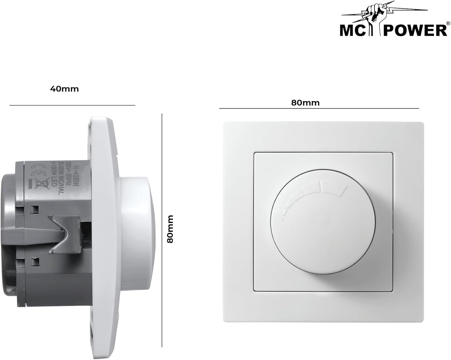 McPower Dimmer für ohmsche Lasten | Flair | Drehknopf Lichtdimmer 250V~/300W, mit Memory-Funktion, Unterputz, weiß