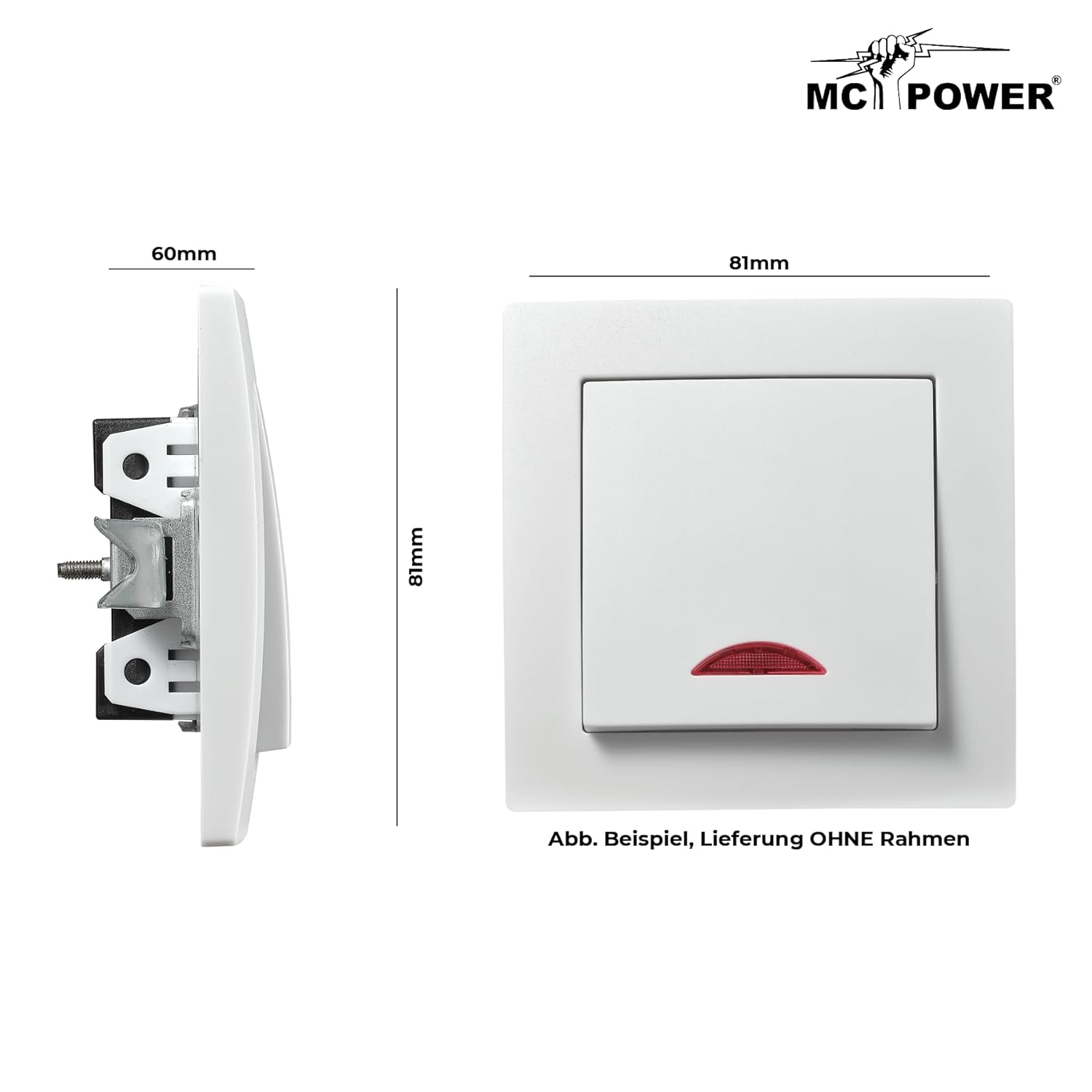 McPower Schalter | Flair | 250V~/10A, UP, mit Kontroll-Leuchte, 1-polig, für Unterputzmontage, zeitgemäßes Design, weiß