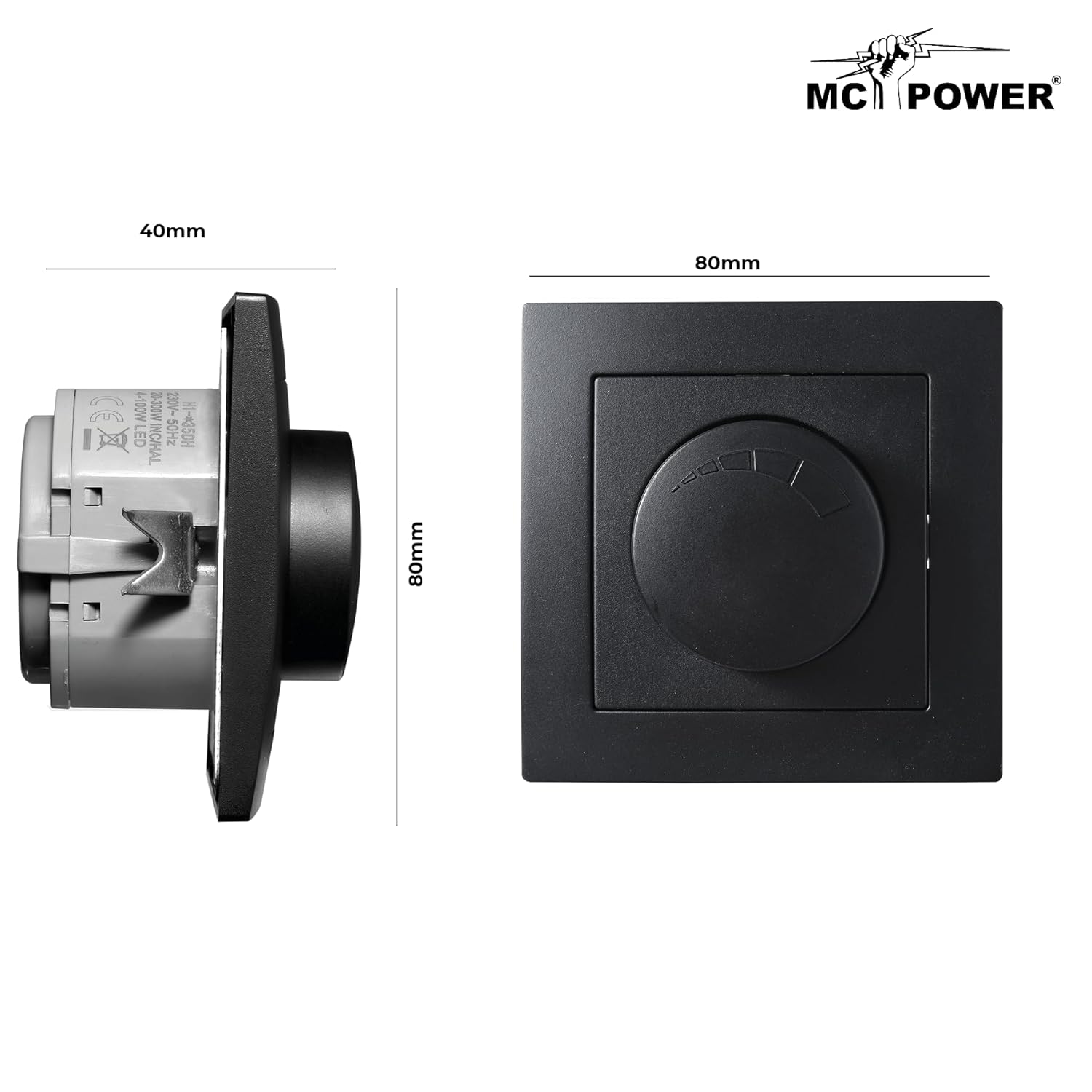 McPower LED Dimmer drehbar für elektronische Trafos | FLAIR | 250V / 300W inklusive 1-fach Rahmen, Memory-Funktion, matt Schwarz