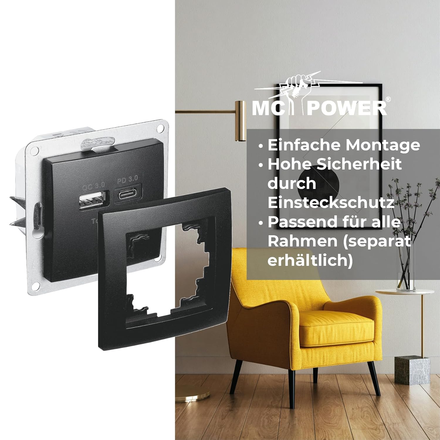 MC POWER USB Ladedose | FLAIR | 2-Fach, 3,4A, USB-A USB-C Ladesteckdose, Ladebuchse matt Schwarz für Wohnzimmer, Schalfzimmer Küche Büro