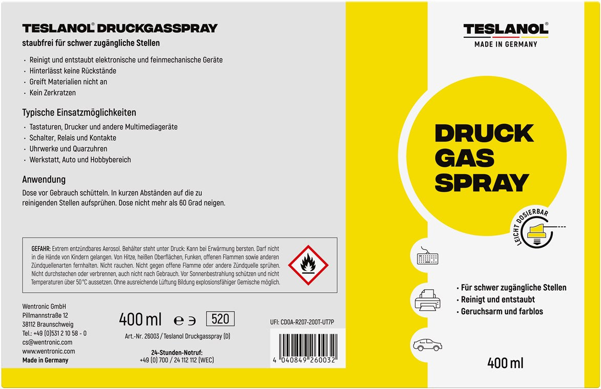 TESLANOL 26003 Druckluftspray zum Reinigen & Entstauben von PC Tastatur Computer / Druckluftreiniger Anti-Staub Spray / Druckluft Spraydose / 400 ml