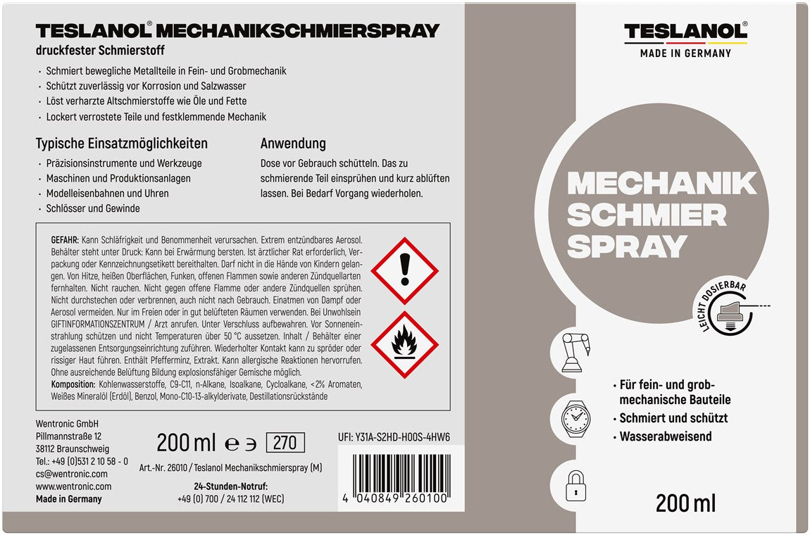 TESLANOL 26010 Universal Mechaniker Schmiermittel / Feinmechaniker Schmieröl für bewegliche Metallteile / Sprühöl Schutz Wartung Pflege / Schmierfett / 200 ml