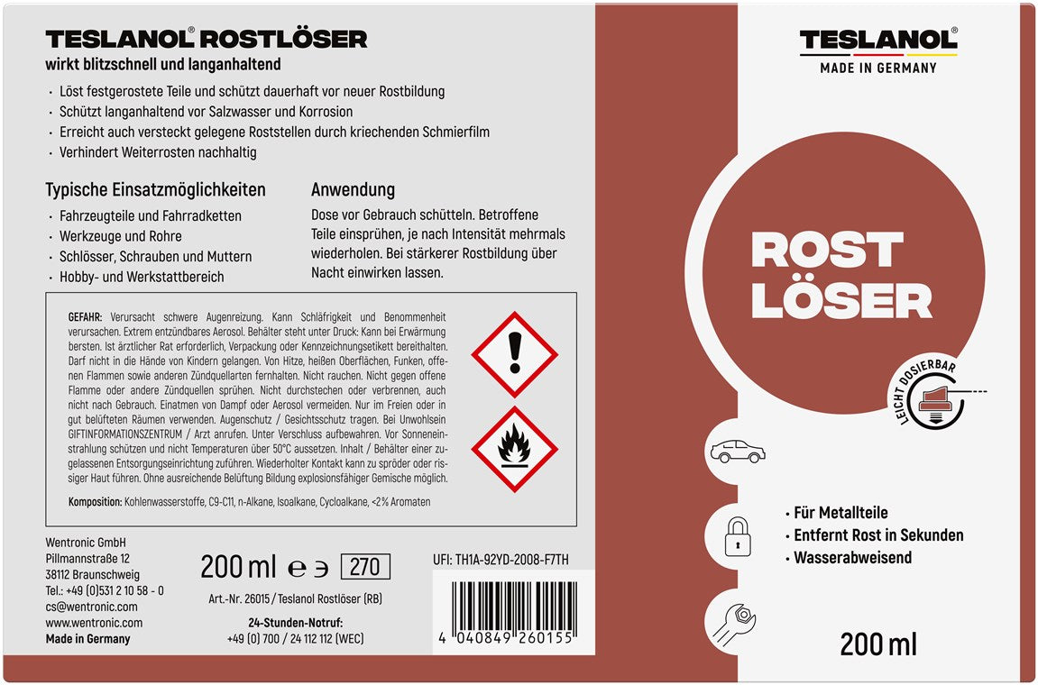 TESLANOL 26015 Rostlöserspray für Auto Fahrrad Werkstatt / Wirksamer Rostentferner / Rostlöser Spray zur Rostentfernung / Dose 200ml