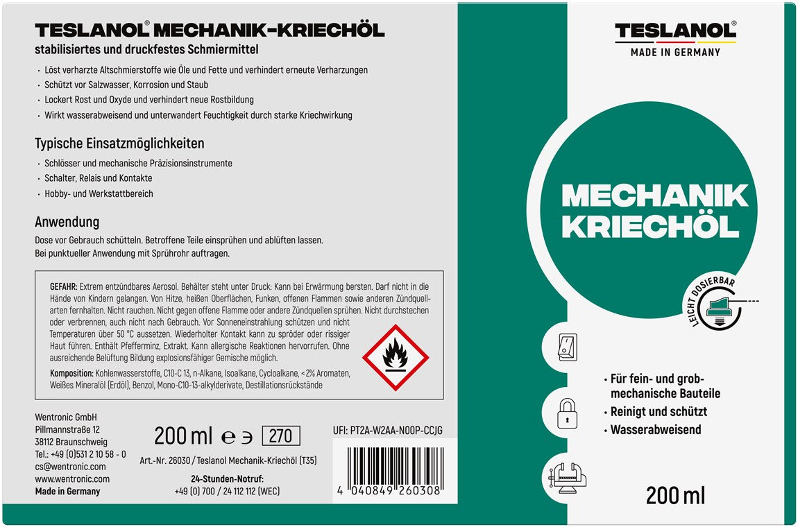 TESLANOL 26030 Universal Mechaniker Kriechöl Spray / Schmieröl Schutz & Pflege von Metall Teilen / Sprühöl / Schmierfett / Spray 200ml