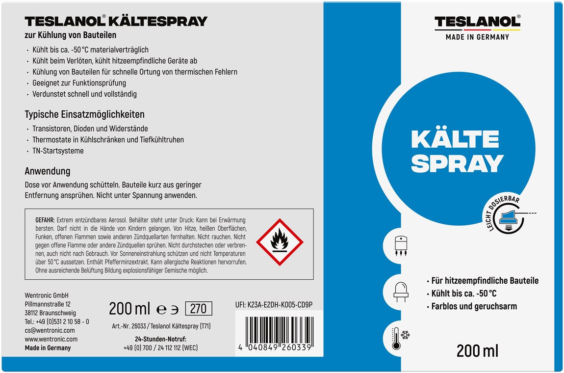 TESLANOL 26033 Kältespray Werkstatt / Kühlung hitzeempfindlicher Bauteile wie Thermostate / Kälteschockspray / Kälte Spray inkl. Sprührohr / Spraydose 200 ml