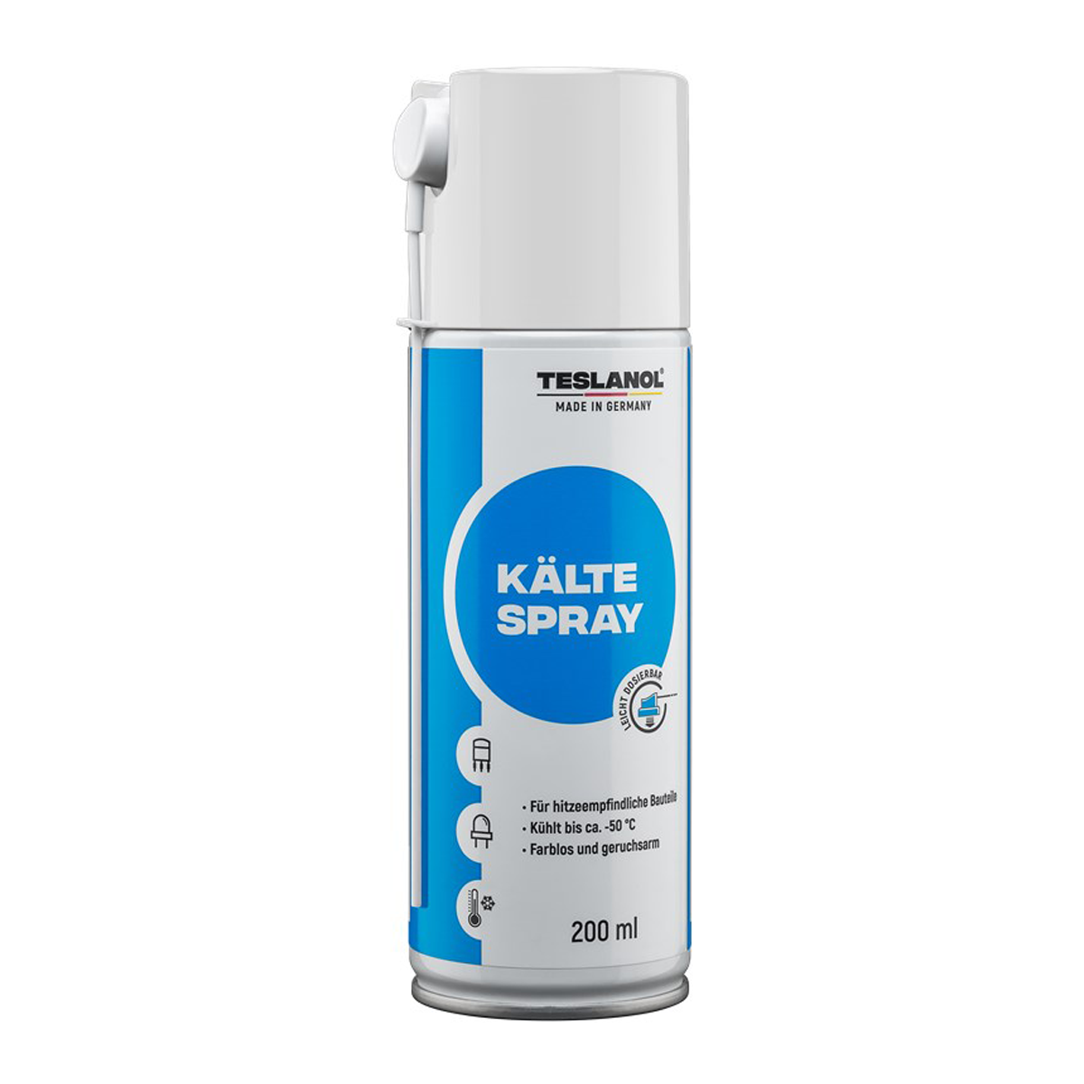 TESLANOL 26033 Kältespray Werkstatt / Kühlung hitzeempfindlicher Bauteile wie Thermostate / Kälteschockspray / Kälte Spray inkl. Sprührohr / Spraydose 200 ml