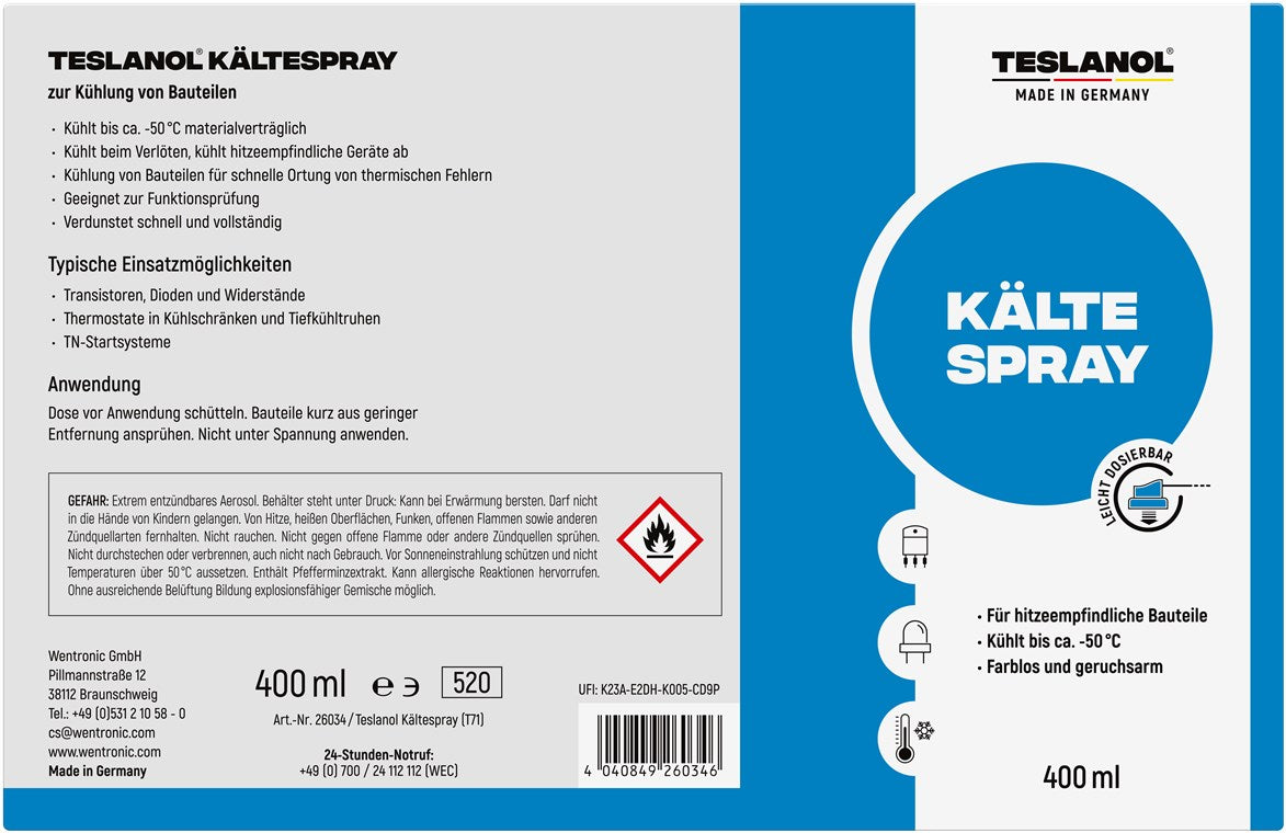 TESLANOL 26034 Kältespray Werkstatt / Kühlung hitzeempfindlicher Bauteile wie Thermostate / Kälteschockspray / Kälte Spray inkl. Sprührohr / Spraydose 400 ml