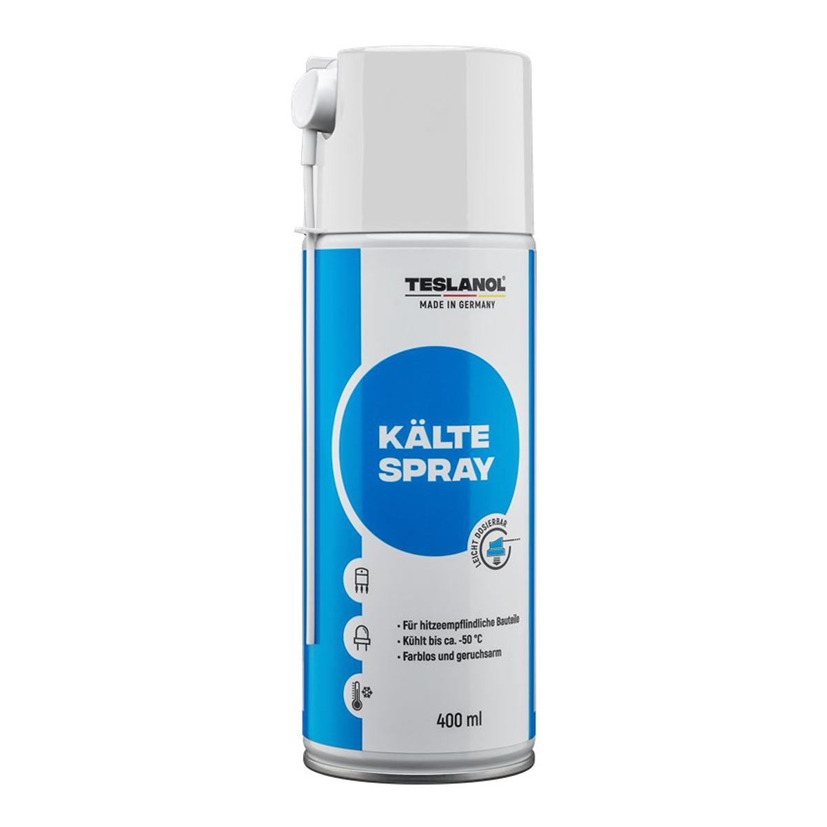 TESLANOL 26034 Kältespray Werkstatt / Kühlung hitzeempfindlicher Bauteile wie Thermostate / Kälteschockspray / Kälte Spray inkl. Sprührohr / Spraydose 400 ml