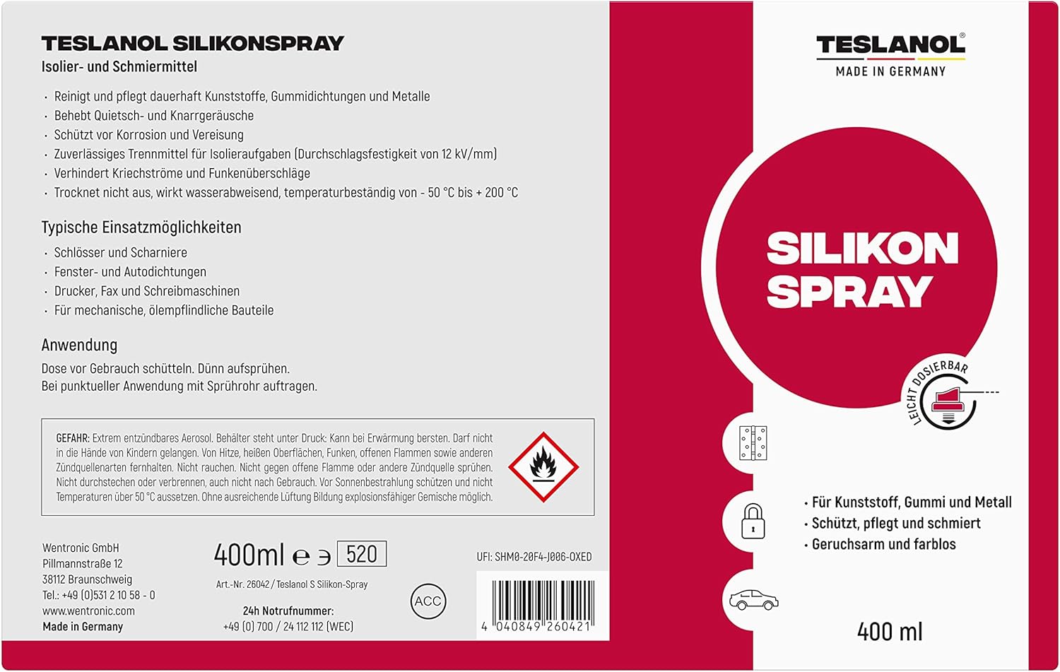 TESLANOL 26042 Silikonspray zur Reinigung & Pflege / Schmiermittel für Gummi Kunststoff & Metall / Silikon Spray Silikonfettspray für Fenster & Türen / Dose 400ml