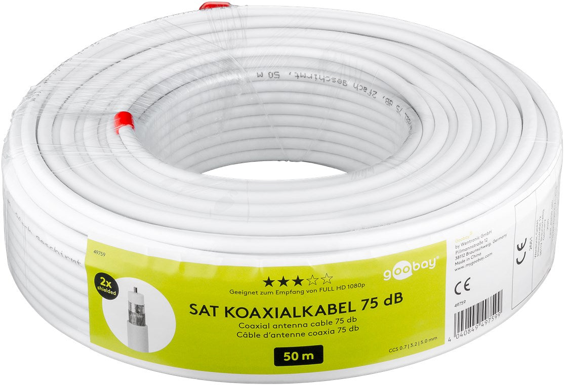 Goobay SAT Koaxialkabel Satellitenkabel 90 dB / Antennenkabel 50m / 2fach geschirmt / Kabelfernsehen HDTV - DVB-T - DVB-S Fernsehkabel / CCS Koax SAT Kabel / Weiß / 50m