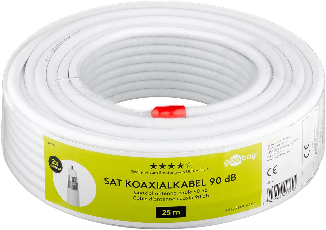 Goobay SAT Koaxialkabel Satellitenkabel 90 dB / Antennenkabel 25m / 2fach geschirmt / Kabelfernsehen HDTV - DVB-T - DVB-S Fernsehkabel / CCS Koax SAT Kabel / Weiß / 25m