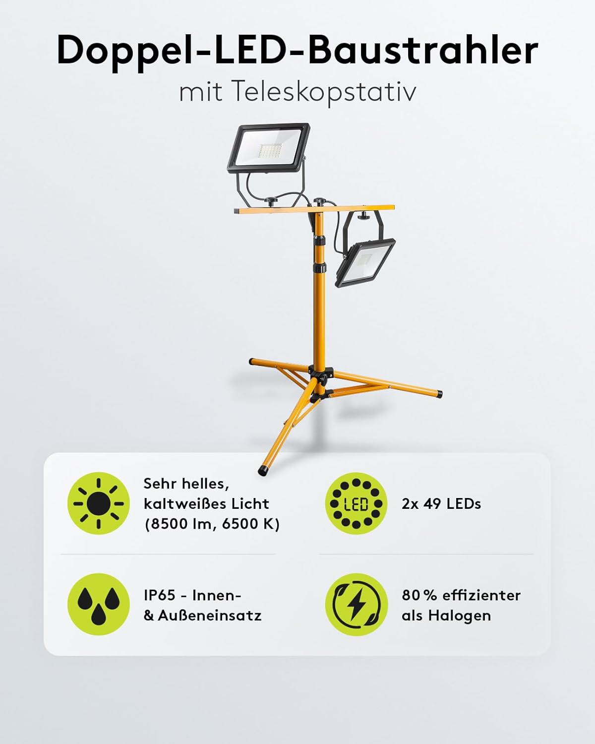 2 x 50W Baustrahler LED mit Stativ einstellbar und 2,5m Kabel für Baustelle, Werkstatt oder Keller - IP65 Baulampe LED für Innen- & Außenbereich - Strahler 2x8500 Lumen kaltweißes Licht 6500K [Energieklasse F]