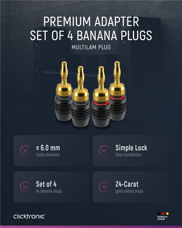 Clicktronic Casual Bananen-Stecker SimpleLock für Lautsprecher Kabel bis 4,0mm² Gold / Blau / Rot