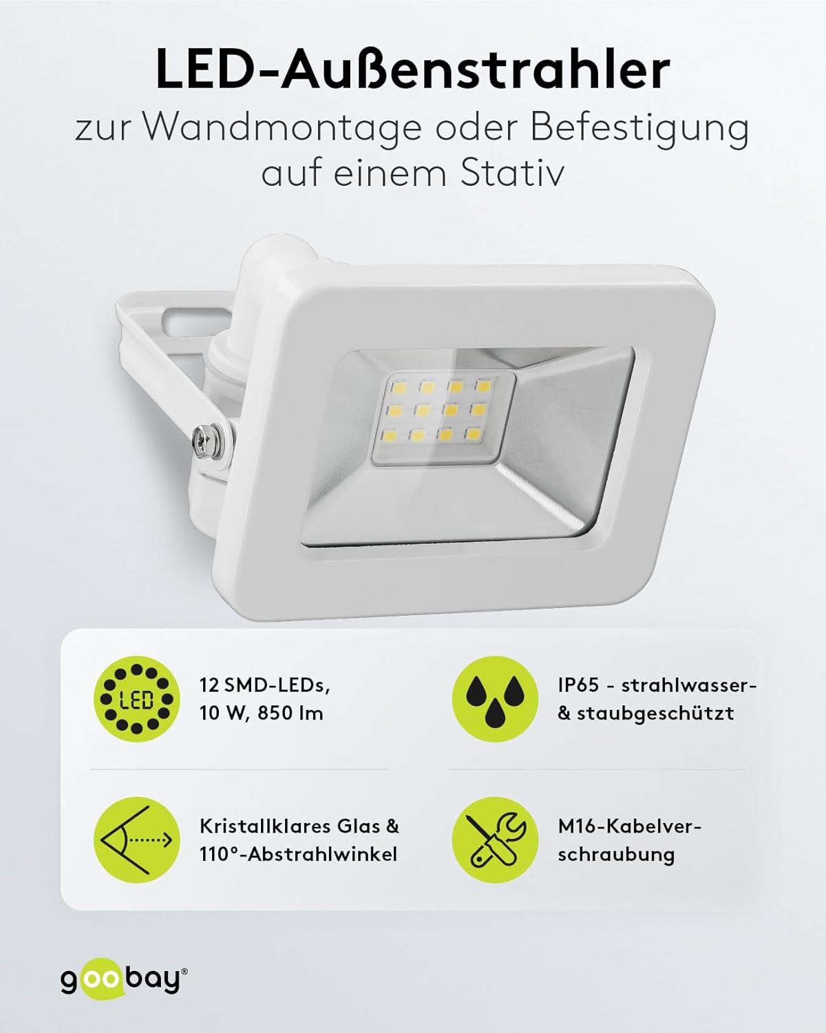 LED Strahler Außen 10W / Außenstrahler IP65 / Neutralweißes Licht 850 lm/LED Scheinwerfer Fluter Wandmontage / IP65 Gartenstrahler / Weiß [Energieklasse F]