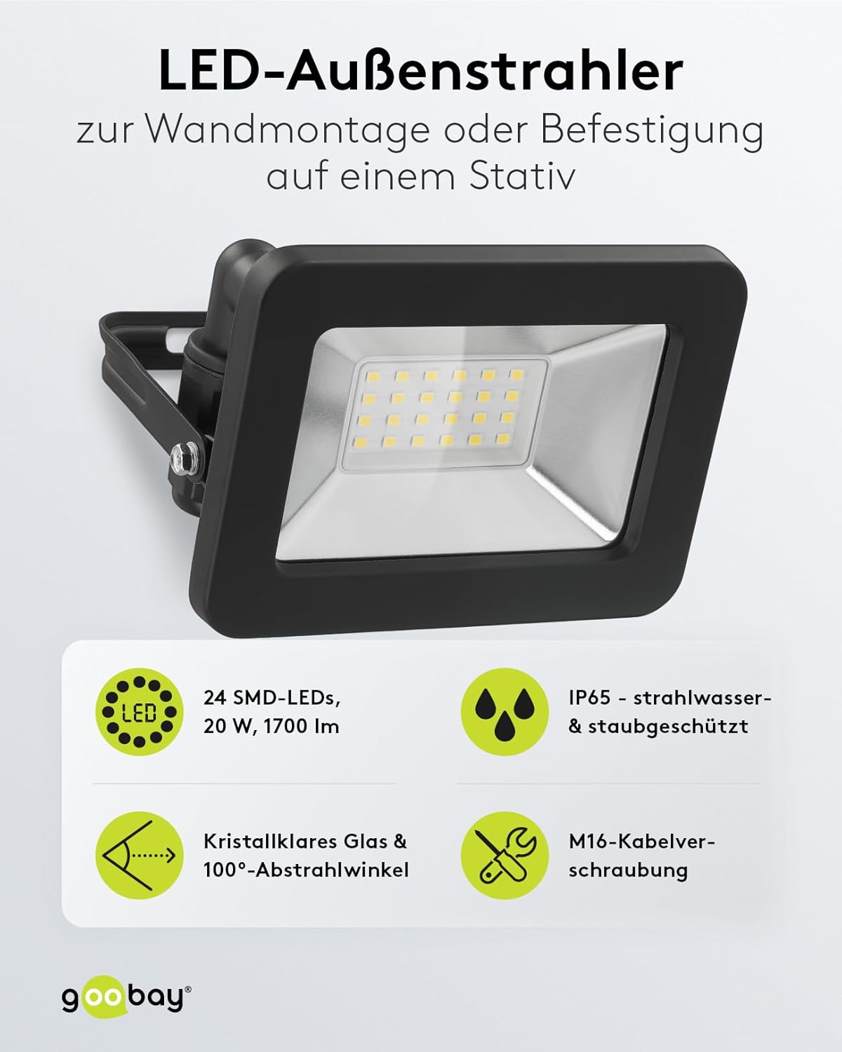 LED Strahler Außen 20W / Außenstrahler IP65 / Neutralweißes Licht 1700 lm/LED Scheinwerfer Fluter Wandmontage / IP65 Gartenstrahler / Schwarz [Energieklasse F]