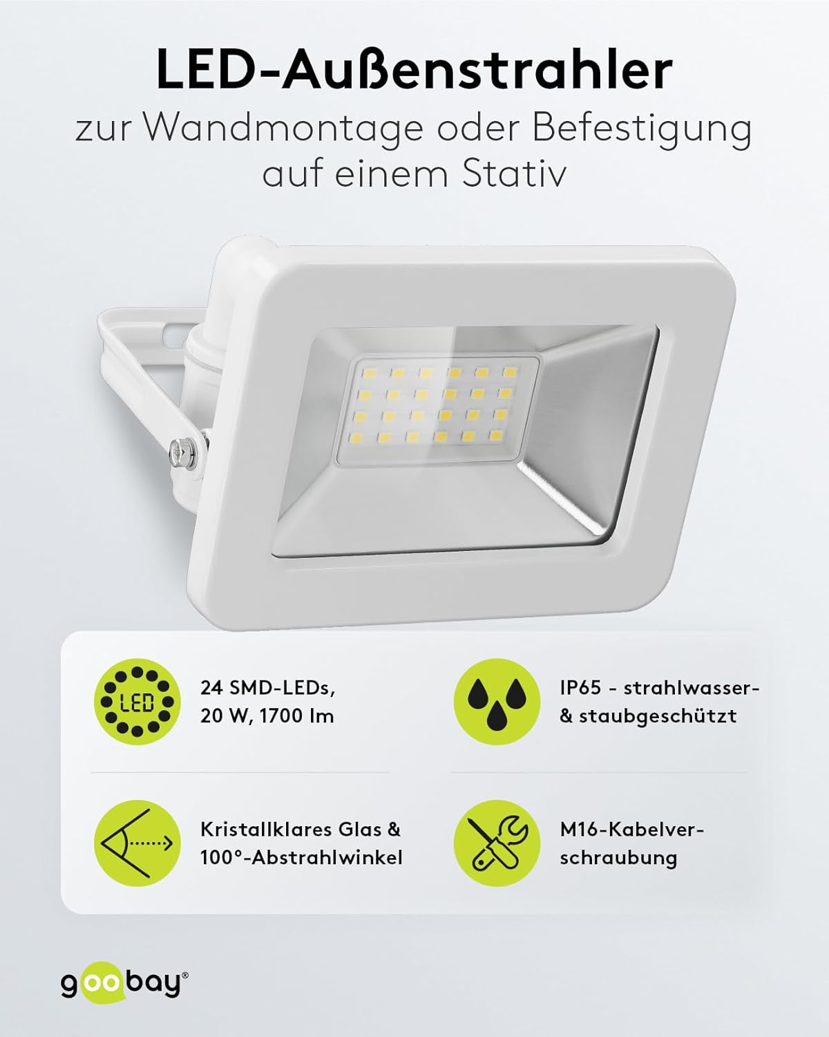 LED Strahler Außen 20W / Außenstrahler IP65 / Neutralweißes Licht 1700 lm/LED Scheinwerfer Fluter Wandmontage / IP65 Gartenstrahler/Weiß [Energieklasse F]