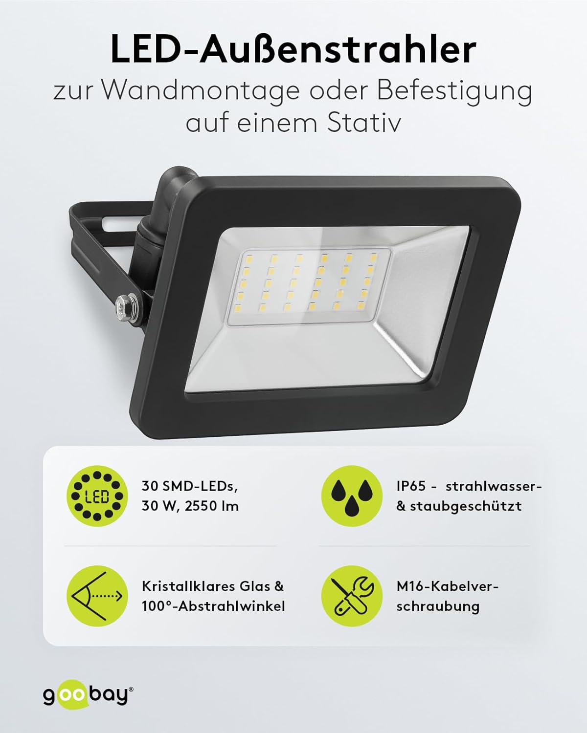 LED Strahler Außen 30W / Außenstrahler IP65 / Neutralweißes Licht 2550 lm/LED Scheinwerfer Fluter Wandmontage / IP65 Gartenstrahler/Schwarz [Energieklasse F]