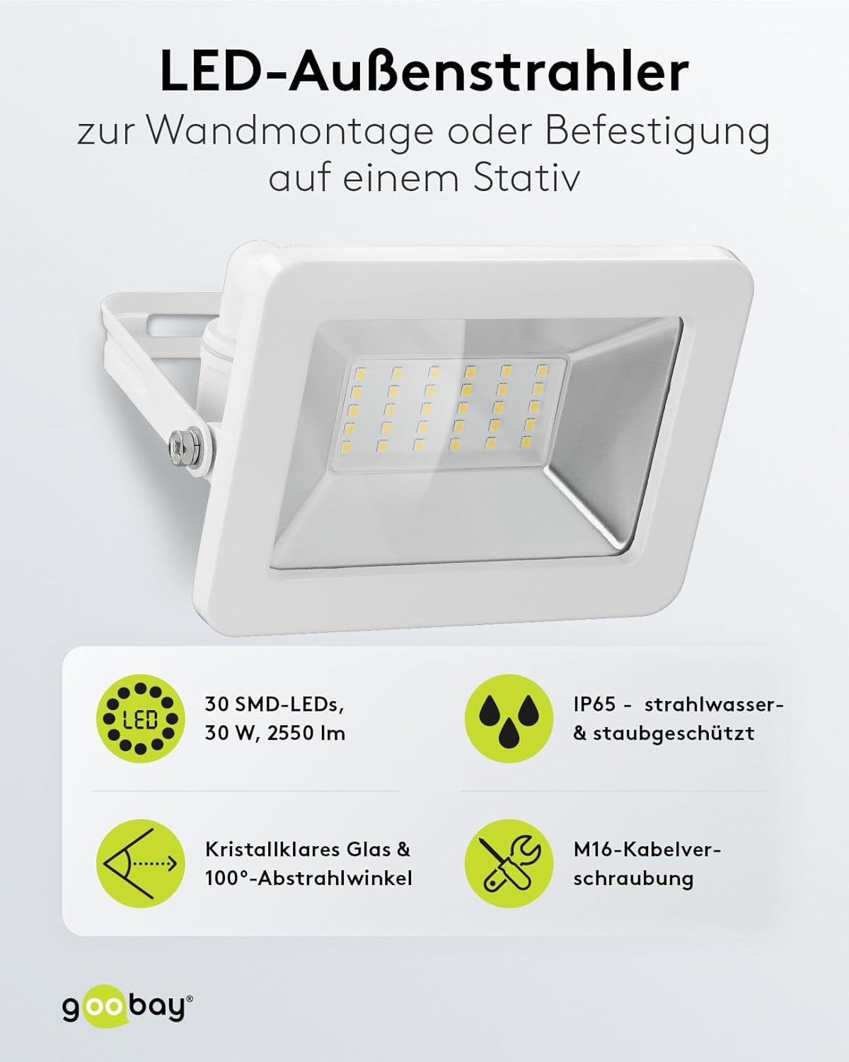 LED Strahler Außen 30W / Außenstrahler IP65 / Neutralweißes Licht 2550 lm/LED Scheinwerfer Fluter Wandmontage / IP65 Gartenstrahler / Weiß [Energieklasse F]