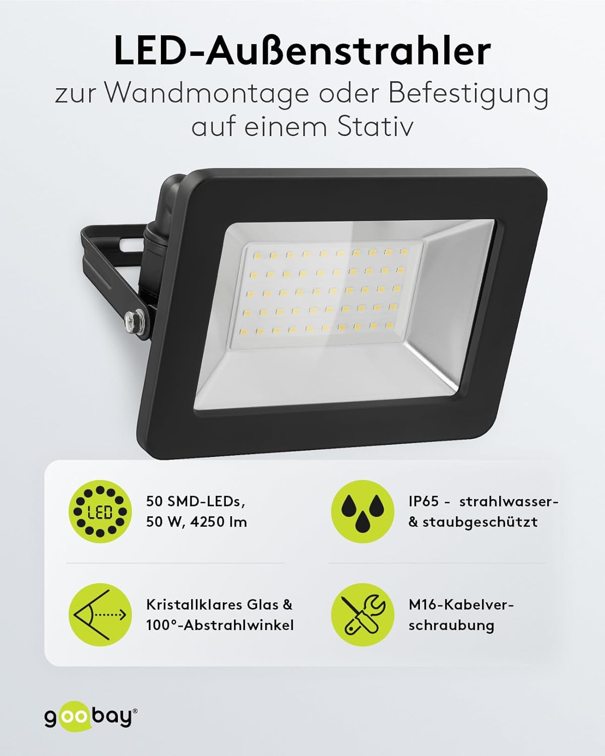 LED Strahler Außen 50W / Außenstrahler IP65 / Neutralweißes Licht 4250 lm/LED Scheinwerfer Fluter Wandmontage / IP65 Gartenstrahler/Schwarz [Energieklasse F]