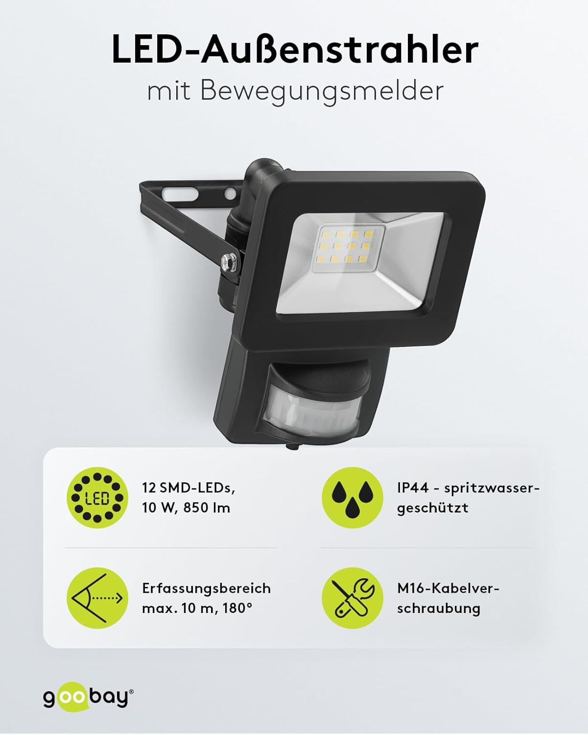 LED Strahler Bewegungsmelder Außen 10W / PIR Sensor Außenstrahler IP44 / Neutralweißes Licht 850 lm / LED Scheinwerfer Fluter Wandmontage / Gartenstrahler / Schwarz