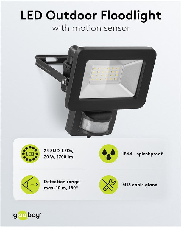 LED Strahler Bewegungsmelder Außen 20W / PIR Sensor Außenstrahler IP44 / Neutralweißes Licht 1700 lm / LED Scheinwerfer Fluter Wandmontage / Gartenstrahler / Schwarz