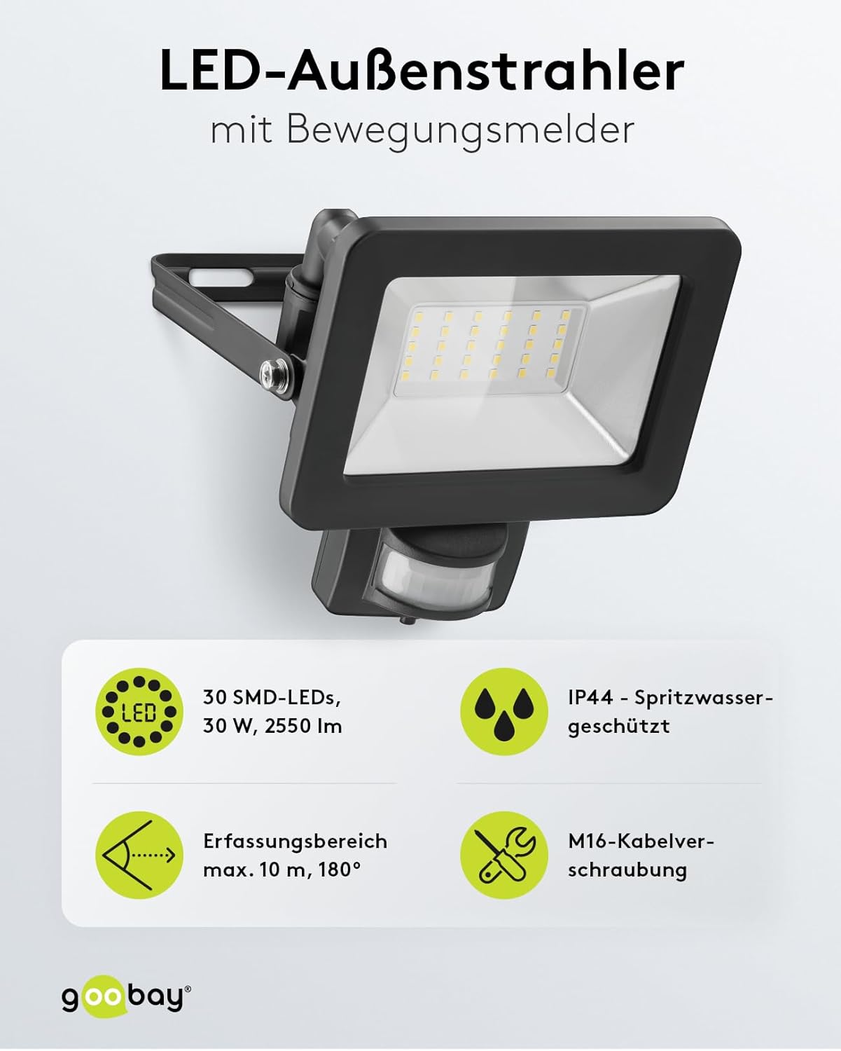 LED Strahler Bewegungsmelder Außen 30W / PIR Sensor Außenstrahler IP44 / Neutralweißes Licht 2550 lm / LED Scheinwerfer Fluter Wandmontage / Gartenstrahler / Schwarz