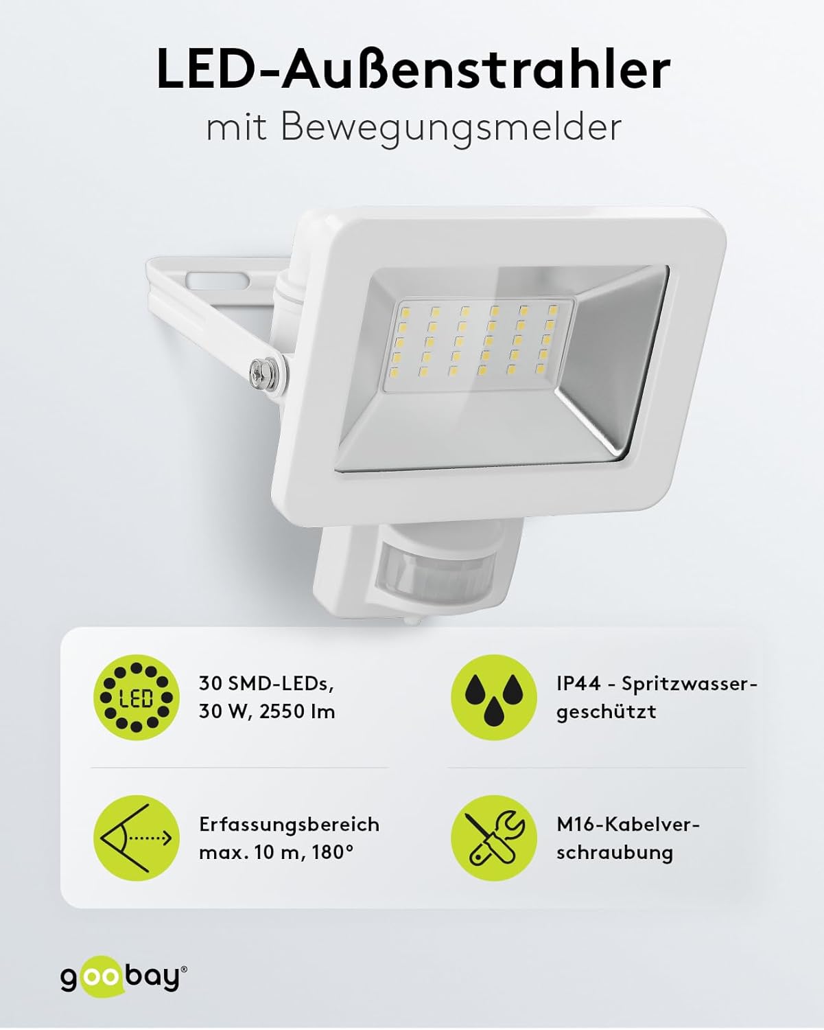 LED Strahler Bewegungsmelder Außen 30W / PIR Sensor Außenstrahler IP44 / Neutralweißes Licht 2550 lm/LED Scheinwerfer Fluter Wandmontage/Gartenstrahler/Weiß [Energieklasse F]