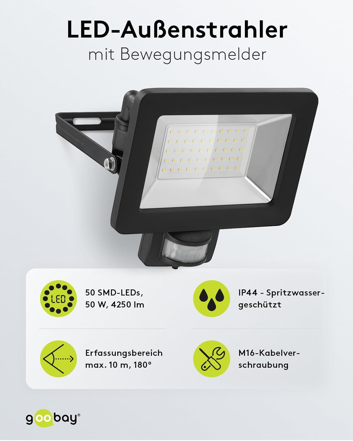 LED Strahler Bewegungsmelder Außen 50W / PIR Sensor Außenstrahler IP44 / Neutralweißes Licht 4250 lm / LED Scheinwerfer Fluter Wandmontage / Gartenstrahler / Schwarz