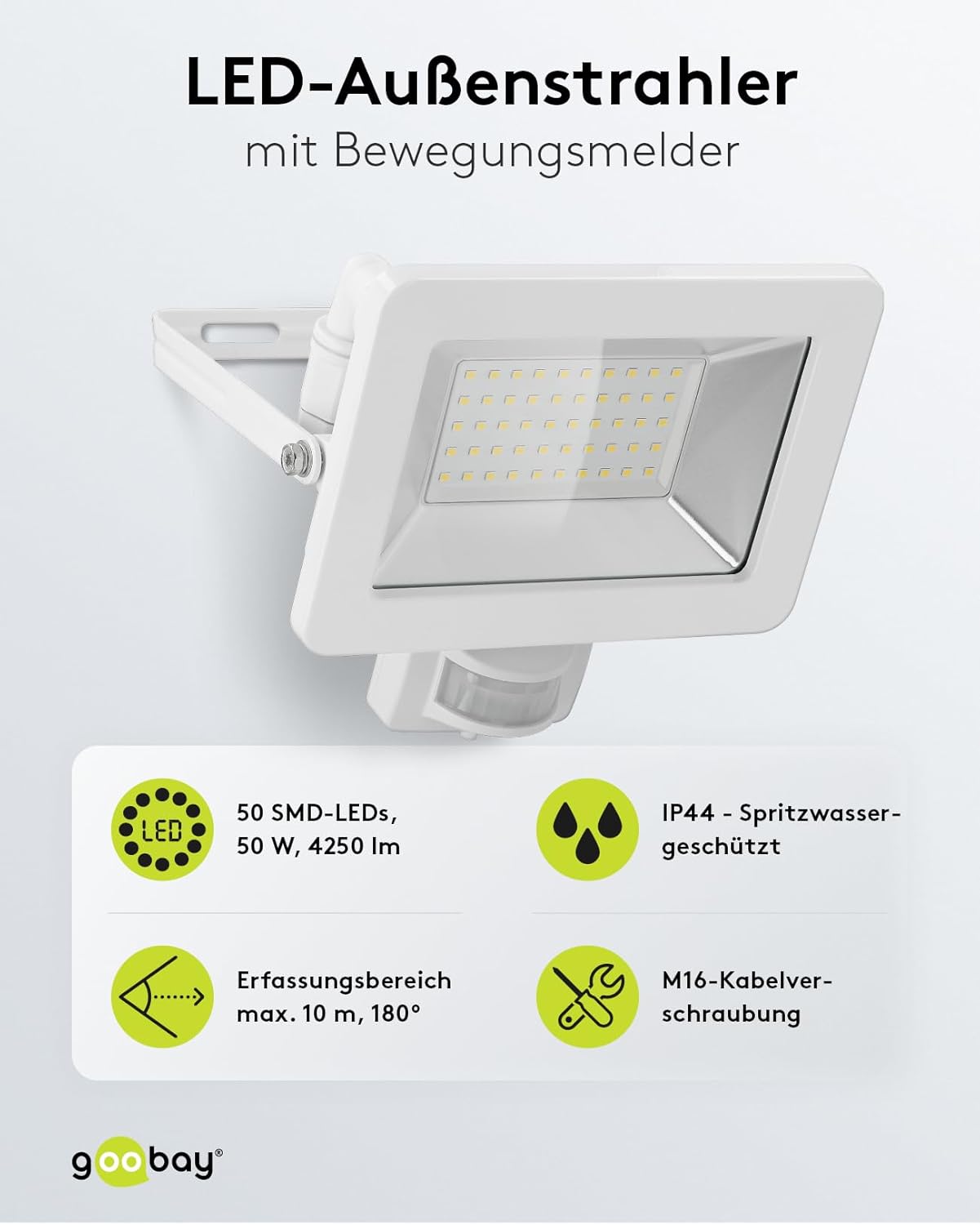 LED Strahler Bewegungsmelder Außen 50W / PIR Sensor Außenstrahler IP44 / Neutralweißes Licht 4250 lm/LED Scheinwerfer Fluter Wandmontage/Gartenstrahler/Weiß [Energieklasse F]