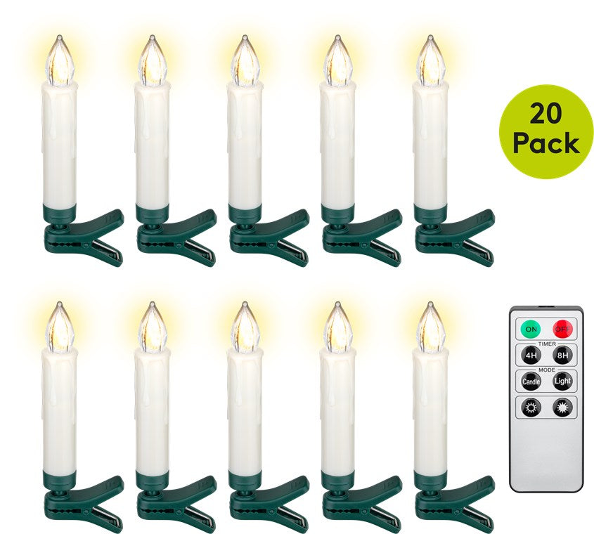 Kabellose LED Weihnachtsbaumkerzen mit Timerfunktion / LED Kerzen mit Fernbedienung/Flackernde Flamme Christbaumkerzen / Elektrische Kerzen / Baumkerzen 20er Set / Weiß