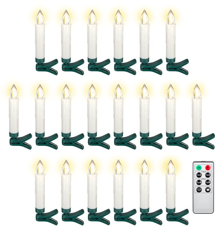 Kabellose LED Weihnachtsbaumkerzen mit Timerfunktion / LED Kerzen mit Fernbedienung/Flackernde Flamme Christbaumkerzen / Elektrische Kerzen / Baumkerzen 20er Set / Weiß