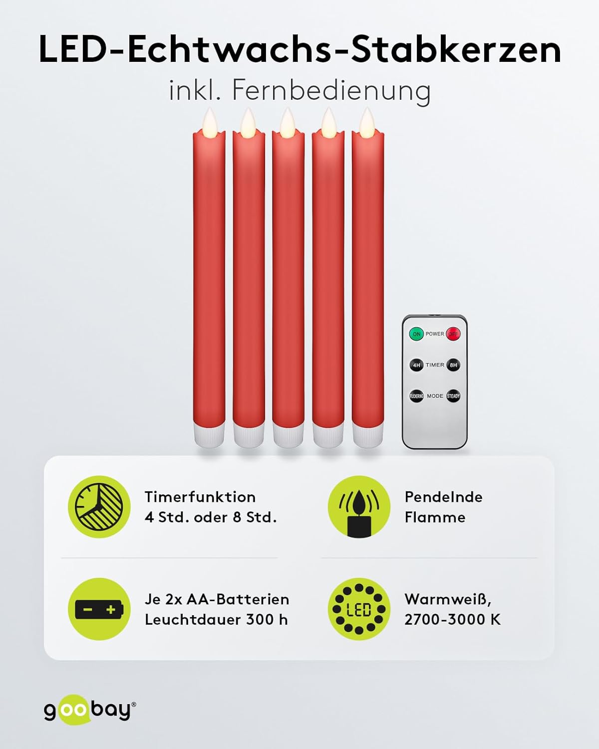 LED Stabkerzen mit Timerfunktion / LED Kerzen mit Fernbedienung / Warmes Licht LED Kerze / LED Echtwachskerzen flackernde Flamme / Elektrische Kerzen 5er Set / Rot