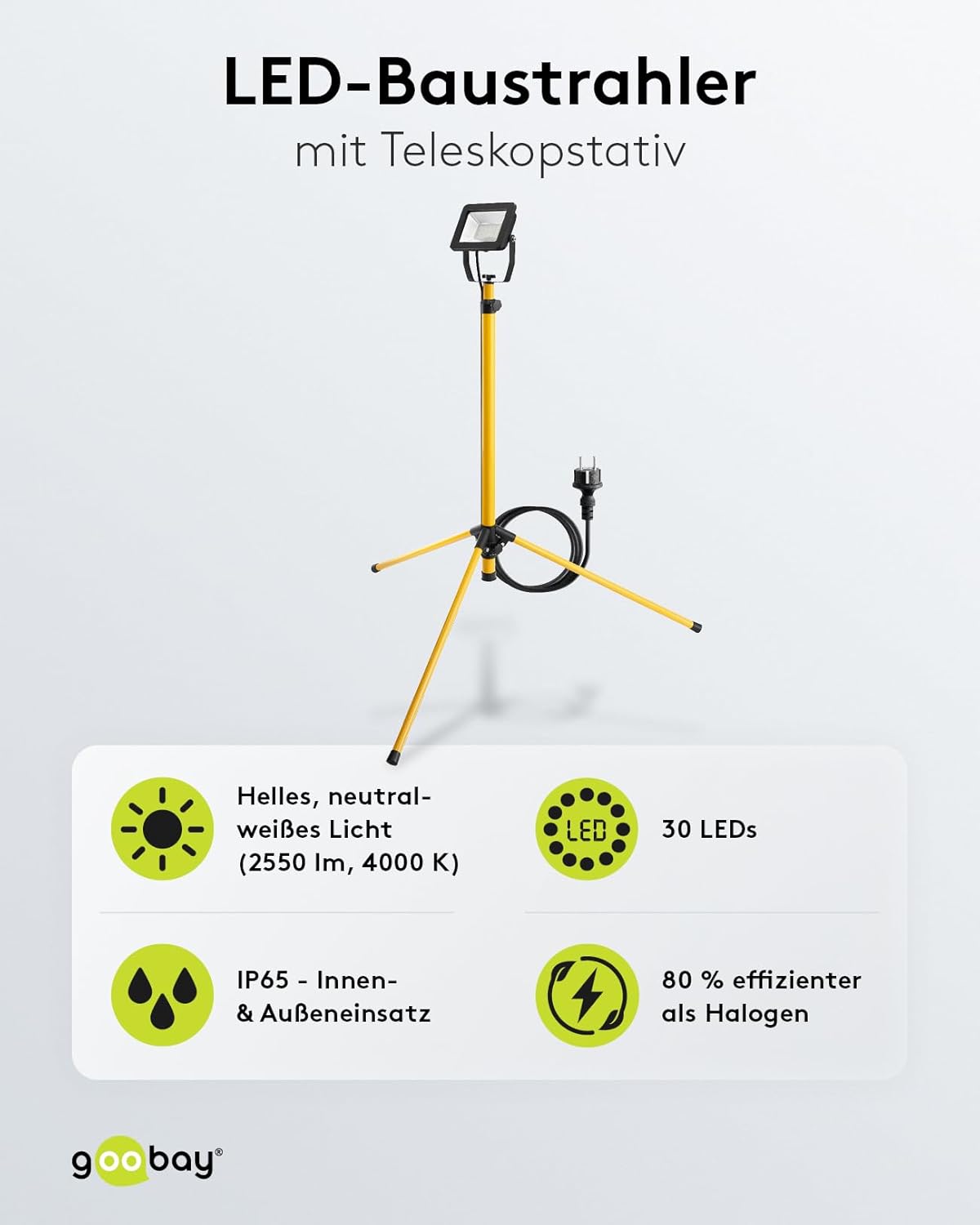 LED Baustrahler auf Teleskopstativ 30W / 2550 lm / Neutral-Weiß Licht – 4000K / Für Innen- & Außenbereich – IP65 / Schwarz/Gelb [Energieklasse F]