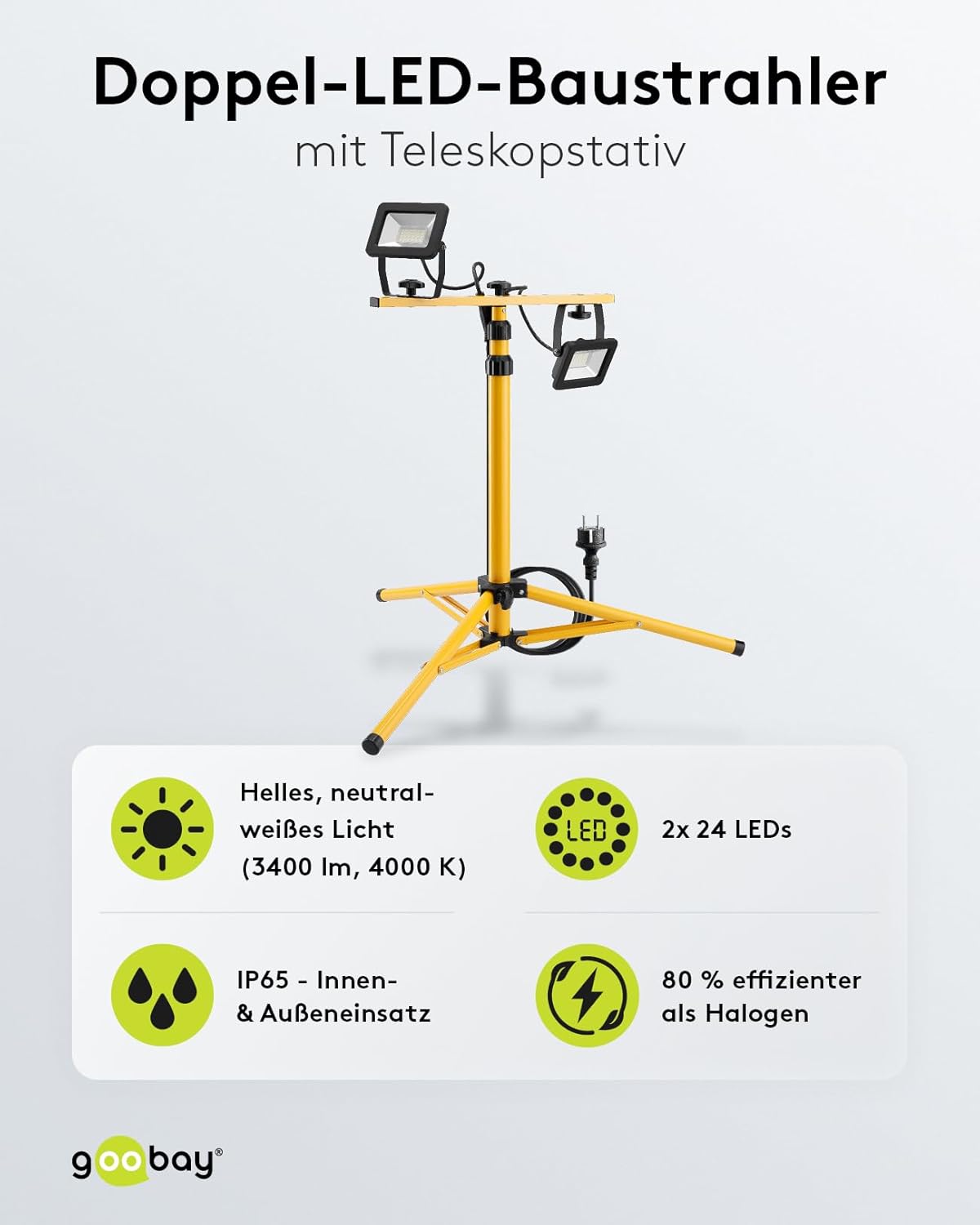 LED Baustrahler auf Teleskopstativ 2 x 20W / 3400lm / Neutral-Weiß Licht – 4000K / Für Innen- & Außenbereich – IP65 / Schwarz/Gelb [Energieklasse F]