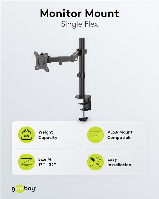 Goobay Monitorarm Single Flex – 17–32 Zoll Bildschirm – Tischhalterung VESA 75 und 100 mm – drehbar, schwenkbar und neigbar – höhenverstellbare Halterung – maximale Belastung 8 kg – Schwarz