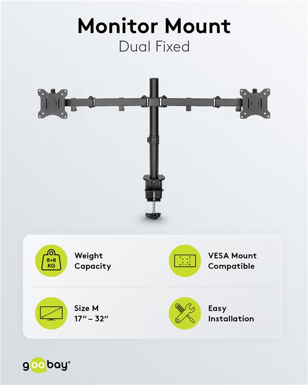 goobay Monitorarm Dual Flex – 17–32 Zoll Bildschirm – Tischhalterung VESA 75 und 100 mm – drehbar, schwenkbar und neigbar – höhenverstellbare Halterung – maximale Belastung 8 kg – Schwarz