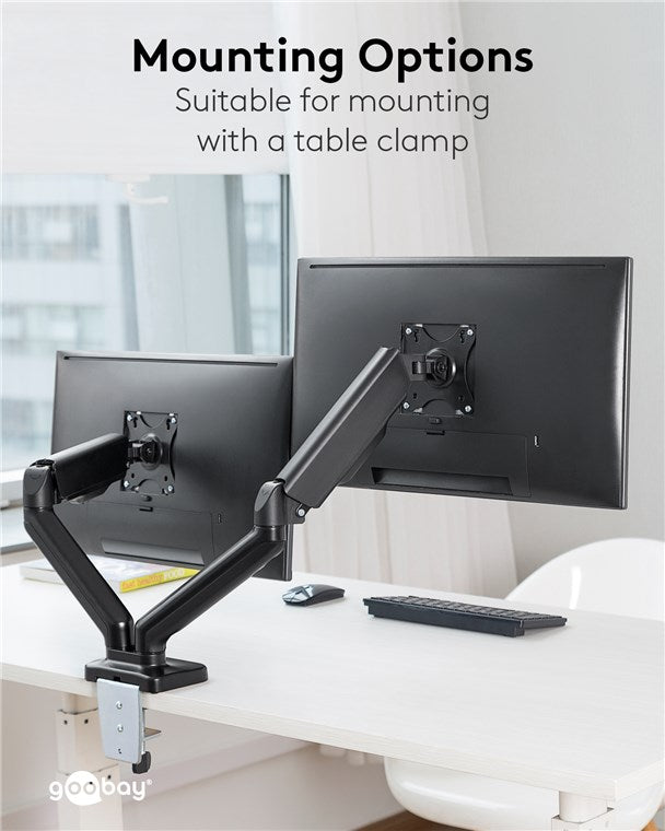 goobay Dual Monitorhalterung – mit Gasdruckfeder, für 17" bis 32" Bildschirme, Neig & Drehbar, Tischklemmmontage, 9kg Tragkraft, mit Kabelmanagement, VESA Kompatibel 75x75 & 100x100, Doppelarm