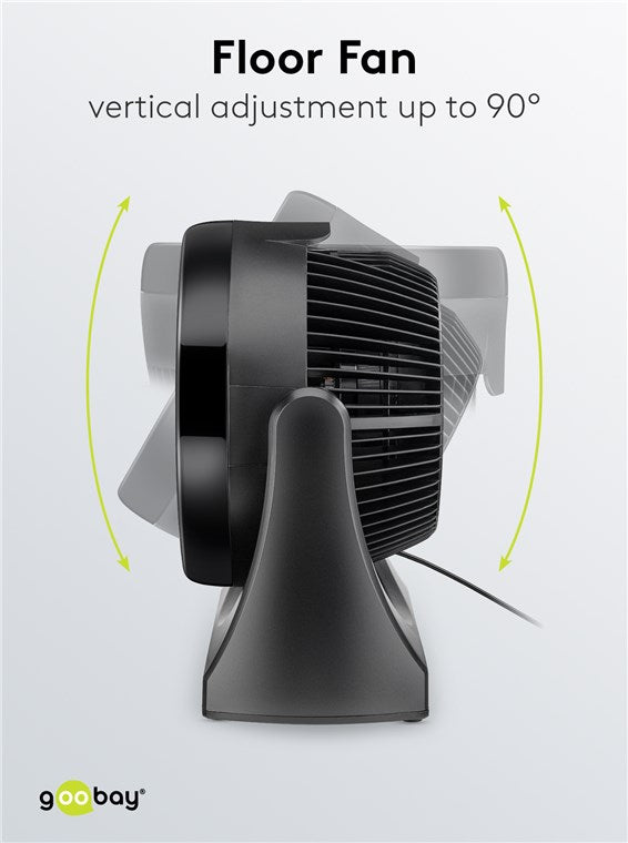 goobay Leistungsstarker Bodenventilator Ø 23 cm (9 Zoll) / Schwenkbare Oszillation / 30W Elektromotor mit 3 Leistungsstufen / Luftgeschwindigkeit 5 m/s, Schwarz