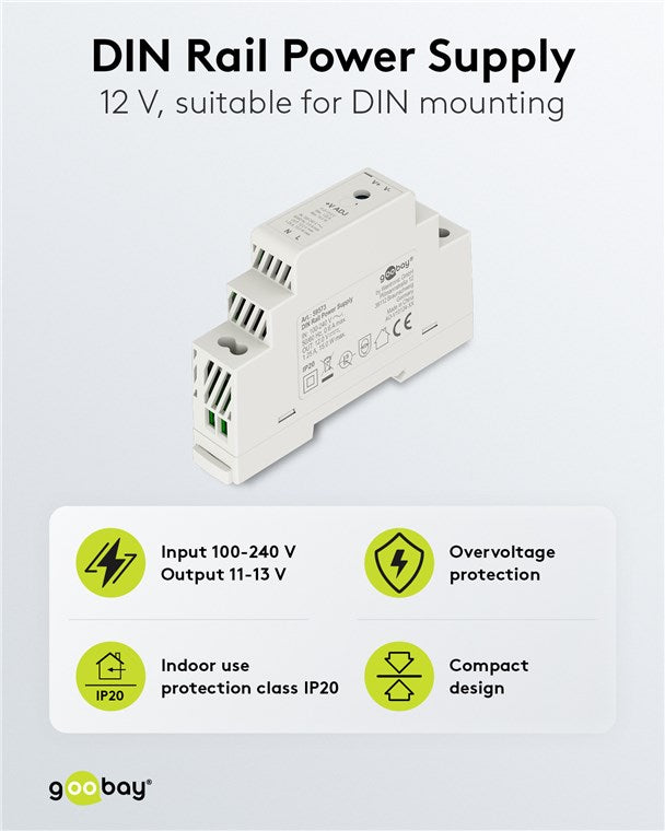 Goobay Hutschienen Netzteil 12V Trafo ideal zum Betrieb von Überwachungs- und Zugangssystemen / Klingeltrafo 12V / Türsprechanlage / Klingelanlage / DIN Rail 1,25A und 15W